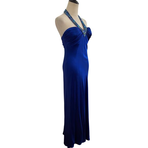 Y2K cache royal blue silk dress turquoise beaded halter gown sz 2 prom boho - Picture 4 of 13